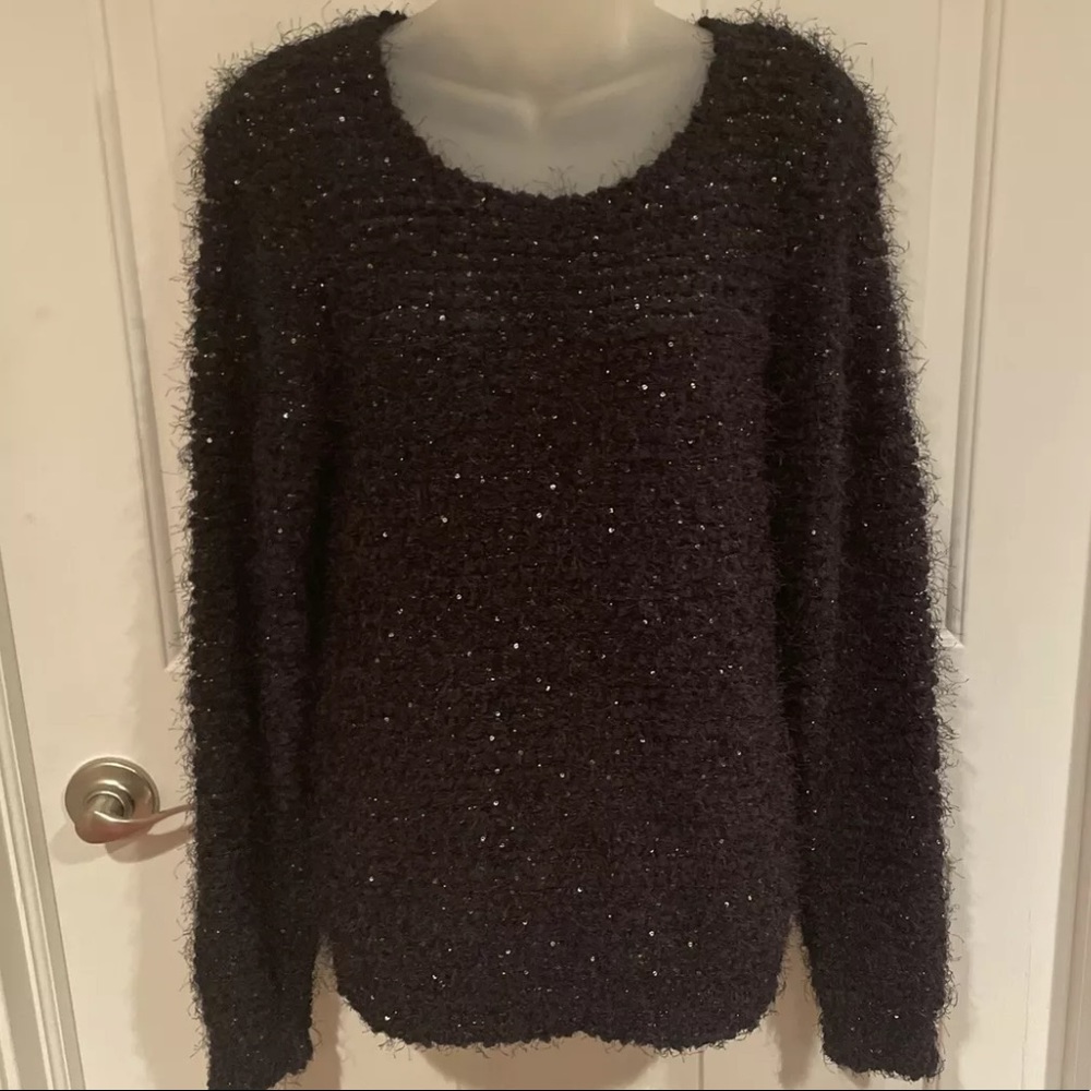 Jennifer Lopez Sz L Black Shag Sequin Sweater Ribbon Tie Back GUC Soft BX1
